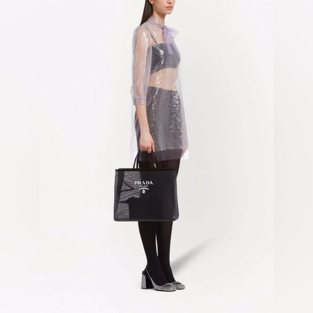 Prada Sequinned Logo Print Mesh Tote Bag NWT - Picture 3 of 14